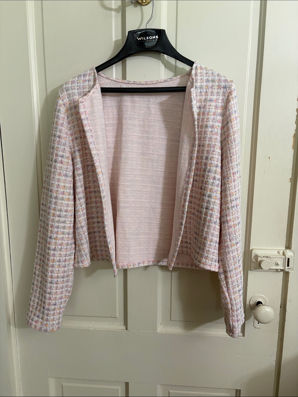 Pastel Pink Tweed Open-Front Jacket. Size 12